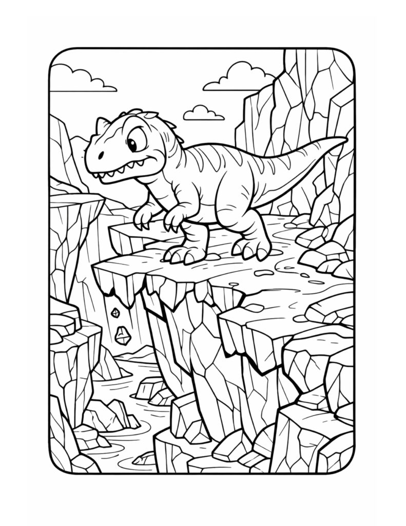 t rex on canyon ledge coloring page featuring a cute dinosaur standing on a rocky cliff above a river coloring page