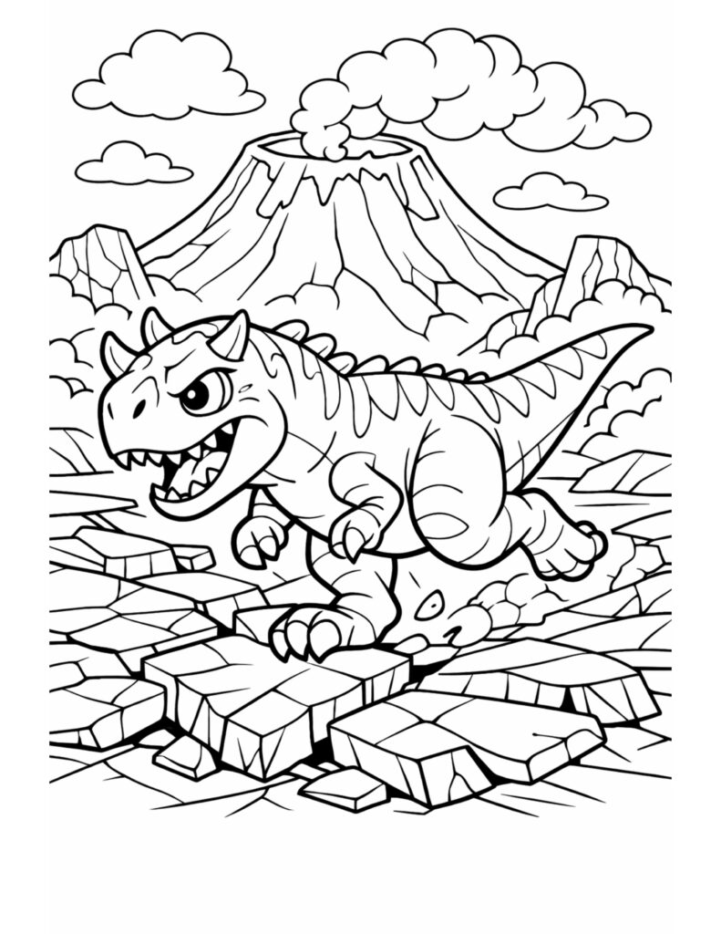 t rex running near volcano coloring page showing a roaring dinosaur on cracked rocks with a smoking volcano coloring page