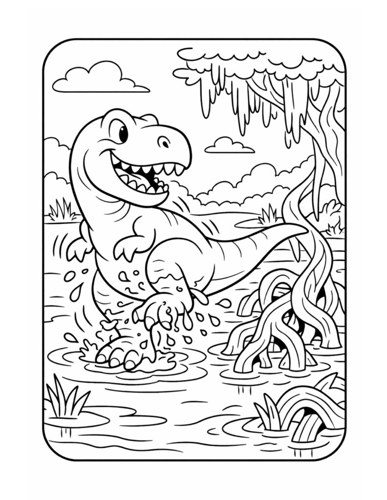 t rex splashing in swamp coloring page with a smiling dinosaur, water splashes, and tangled roots coloring page