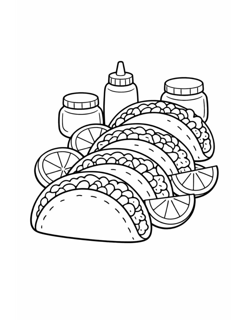 tacos with lime slices coloring page featuring a row of tacos with citrus wedges and sauce jars coloring page