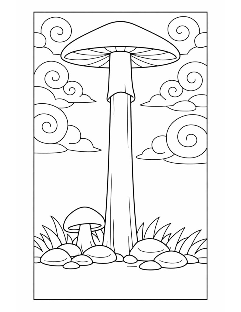 tall mushroom under swirling clouds coloring page with a giant mushroom, small mushroom, rocks, and grass coloring page