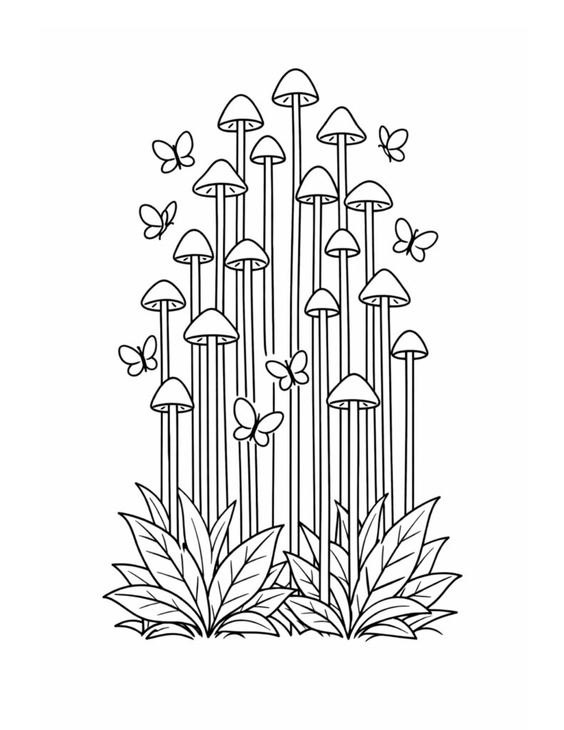 tall mushrooms with butterflies coloring page with slender stems, leafy base, and fluttering butterflies coloring page