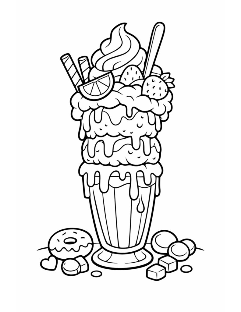 tall sundae milkshake with strawberries coloring page with whipped cream, wafer sticks, and dripping dessert glass coloring page