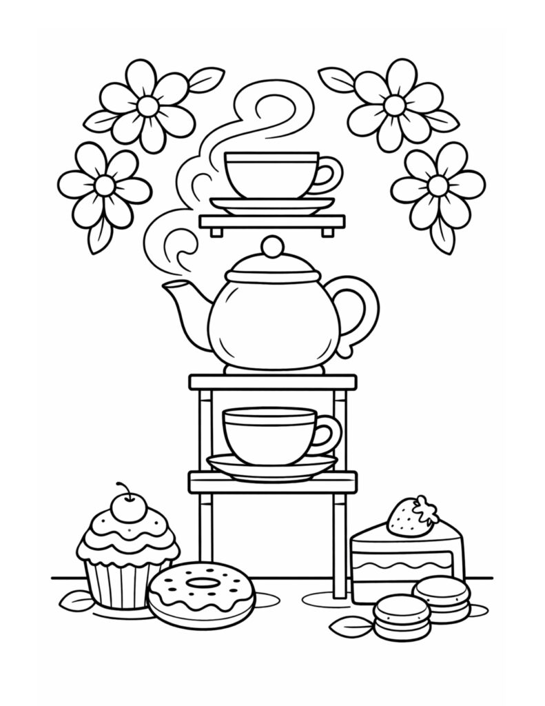 tea set on dessert stand coloring page with steaming teapot, cups, flowers, and pastries coloring page