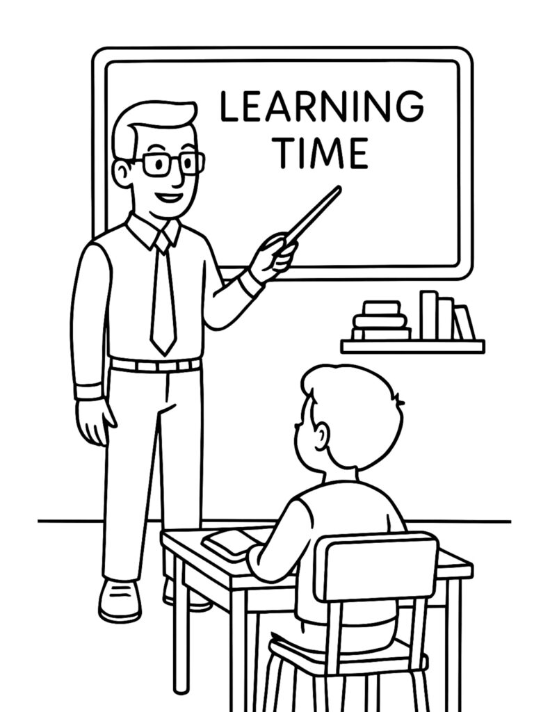 teacher pointing at learning board coloring page with a teacher and student in class, learning time on the board coloring page