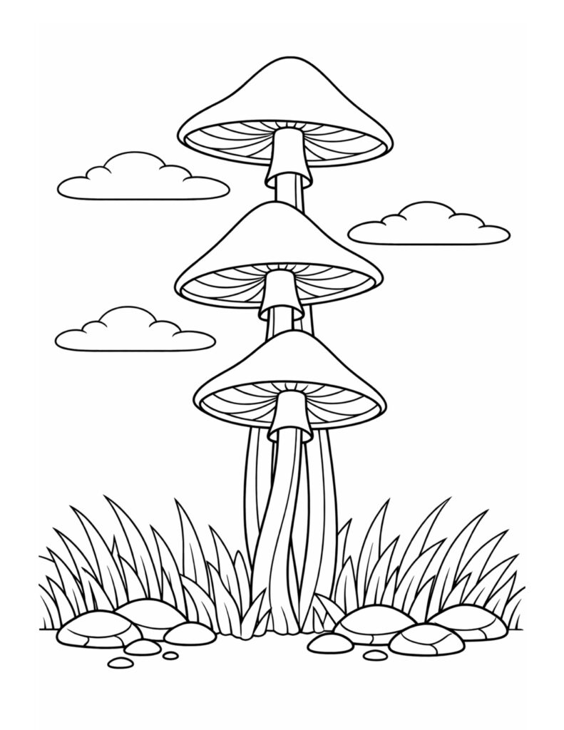 three tall mushrooms with clouds coloring page featuring stacked caps, long stems, grass, and stones coloring page
