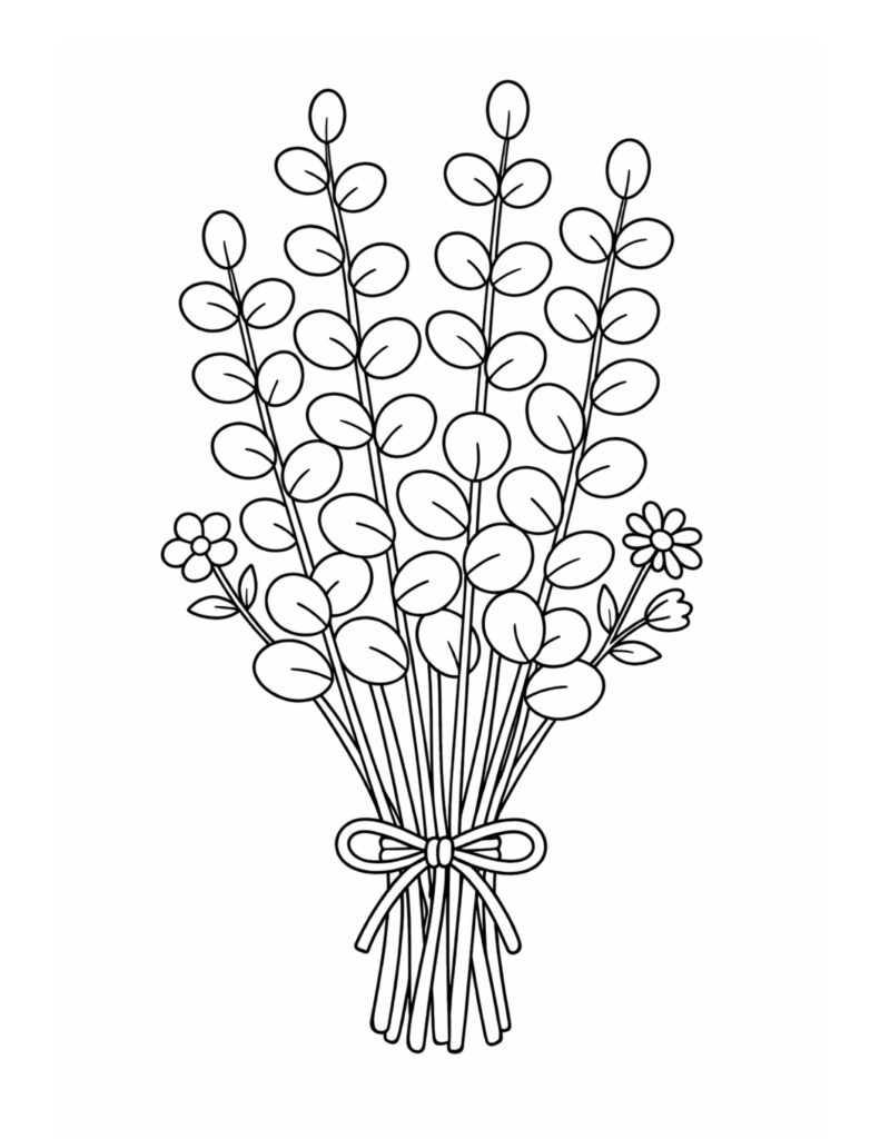 tied flower bouquet with leaves coloring page with simple stems, rounded leaves, and a ribbon bow coloring page