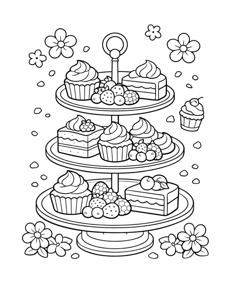 tiered dessert stand with berries coloring page featuring cupcakes cake slices and floral accents coloring page