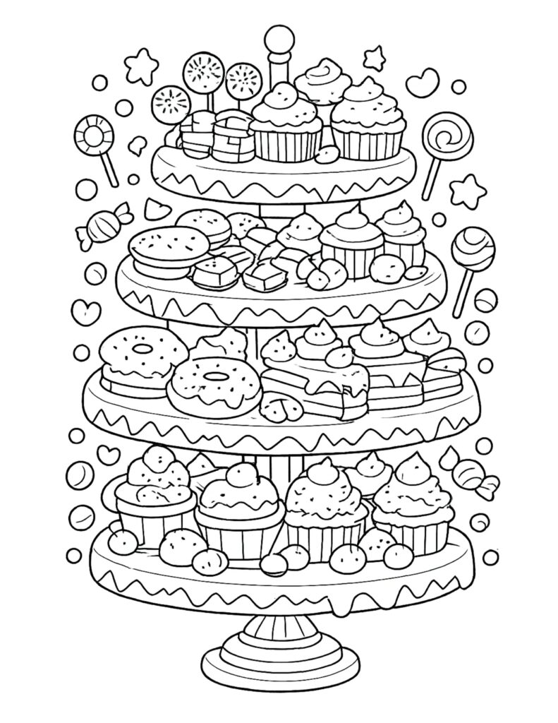 tiered dessert stand with sweets coloring page featuring cupcakes donuts candies and playful decorations coloring page