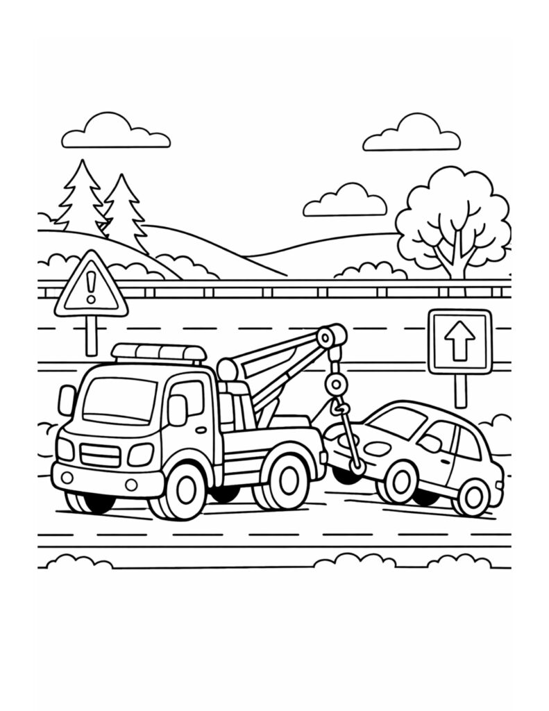 tow truck lifting a car coloring page with a roadside rescue scene, highway signs, and hills coloring page