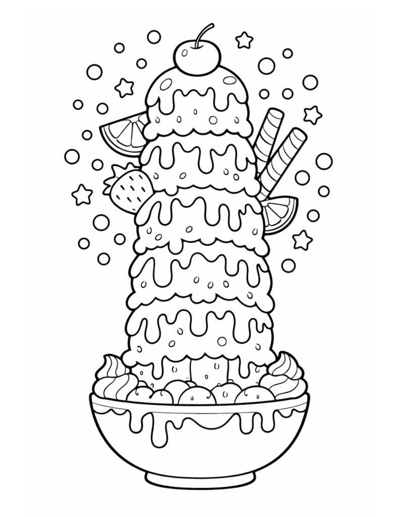 towering ice cream sundae bowl coloring page with dripping scoops, cherry topper, fruit slices, and wafer sticks coloring page