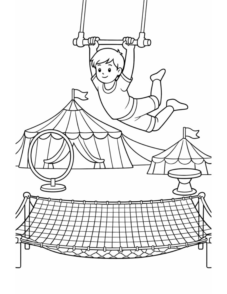 trapeze artist above safety net coloring page showing a kid swinging over circus tents and a net