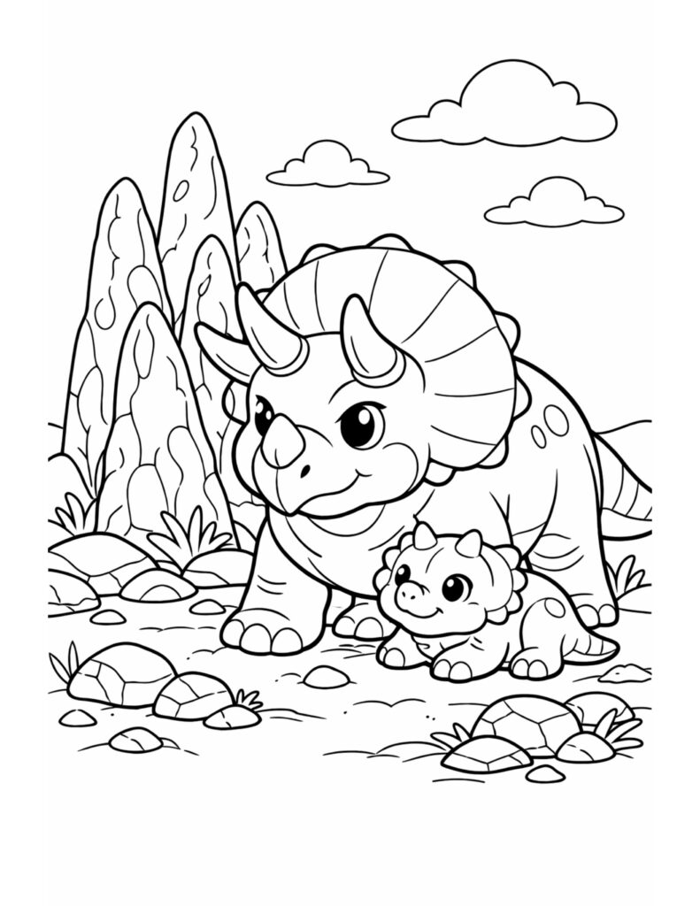 triceratops and baby in rocks coloring page with a parent and calf beside stones and tall cliffs coloring page
