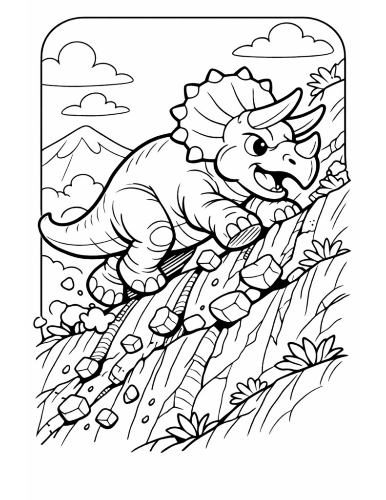 triceratops climbing rocky hillside coloring page with a horned dinosaur climbing a steep cliff coloring page