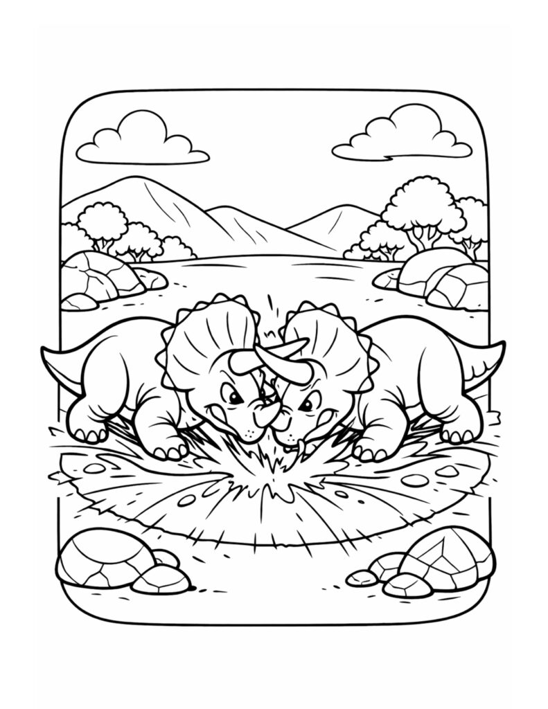 triceratops headbutting in open field coloring page with two triceratops locking horns in a grassy scene coloring page