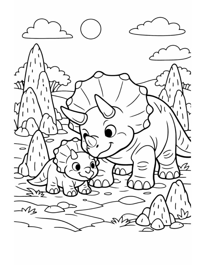 triceratops mom with baby coloring page in a sunny rocky valley with clouds, coloring page