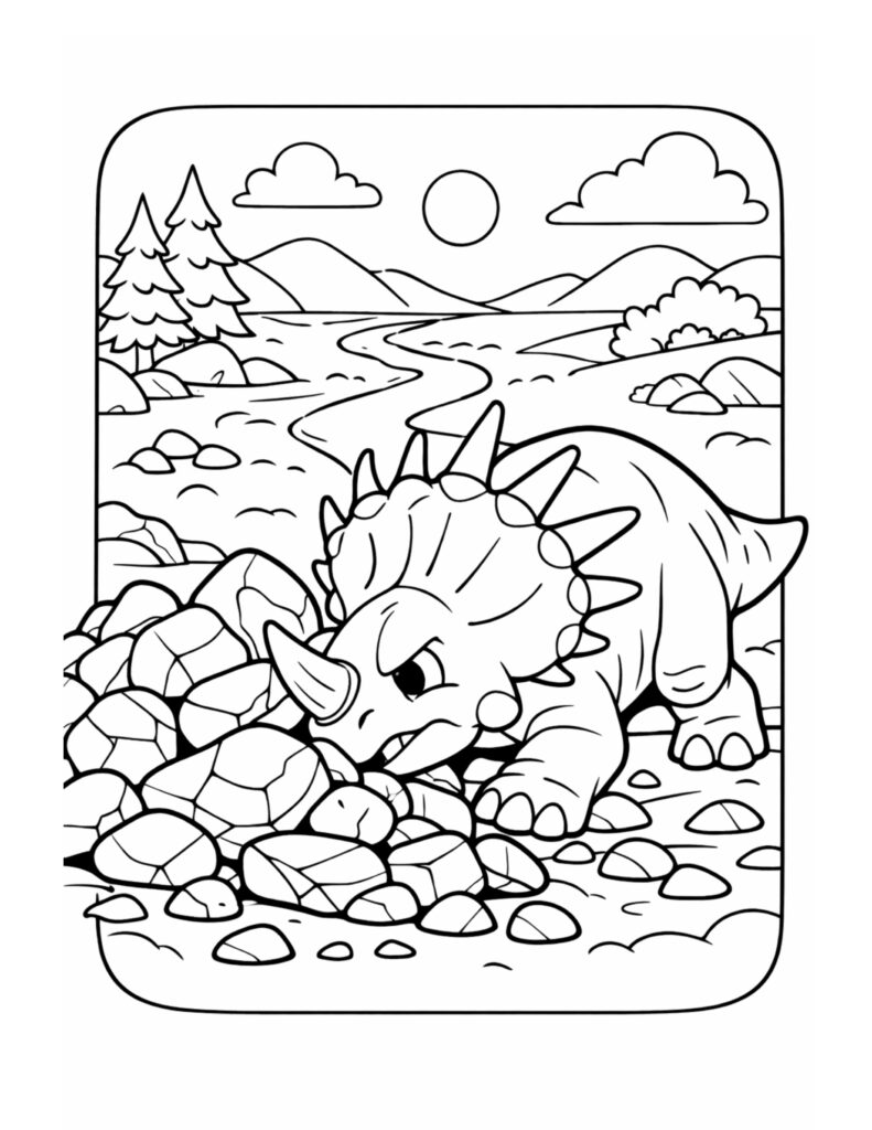 triceratops resting by a river coloring page with rocky foreground and mountain view coloring page