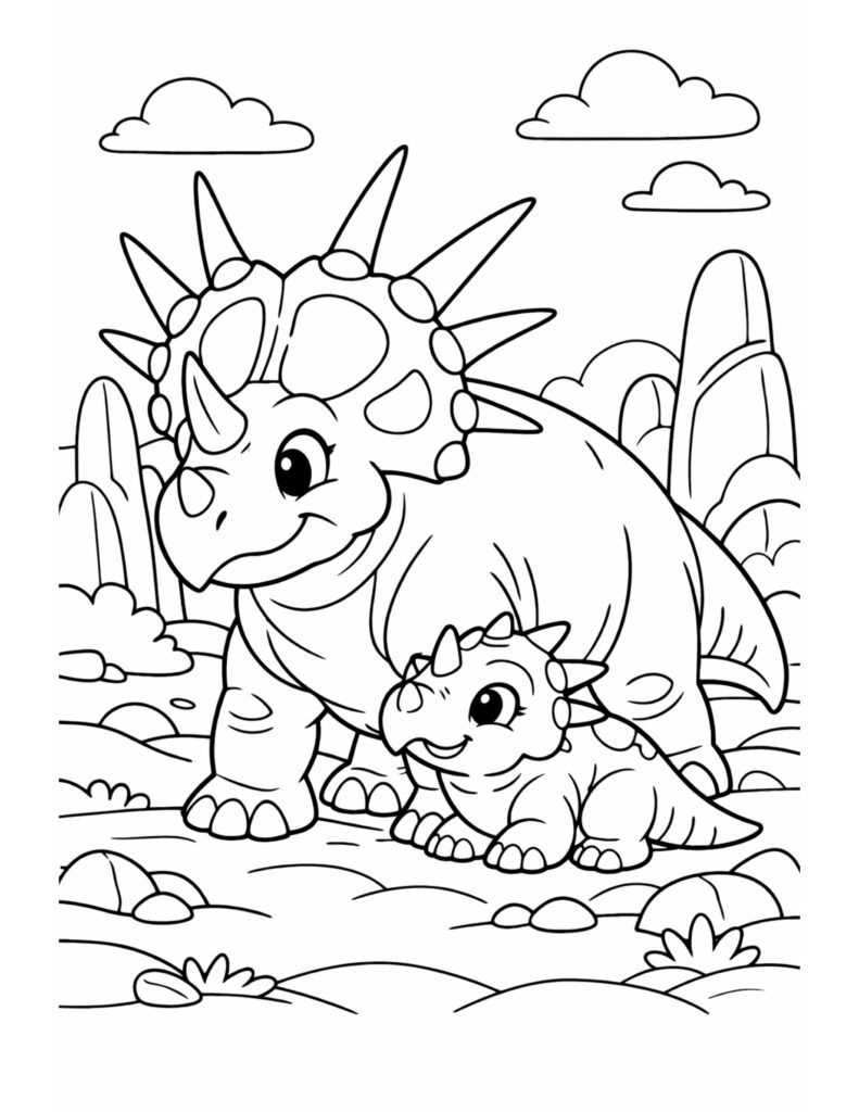 triceratops with baby walking together coloring page showing a parent and baby dinosaur in a gentle outdoor scene coloring page