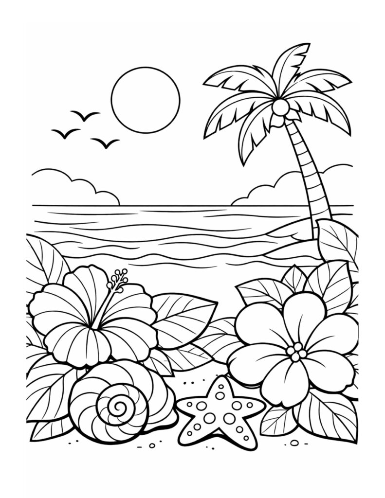 tropical beach flowers and starfish coloring page with palm tree, sun, waves, and seashells coloring page