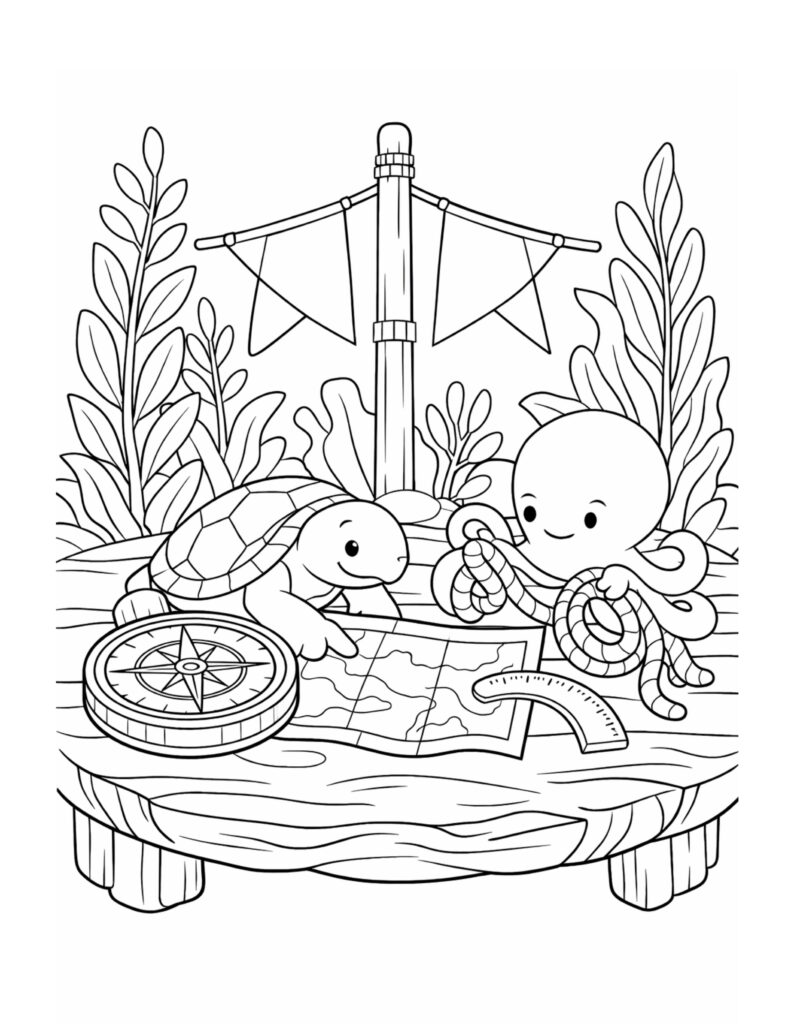 turtle octopus reading map coloring page with a compass, rope, and sea plants, coloring page