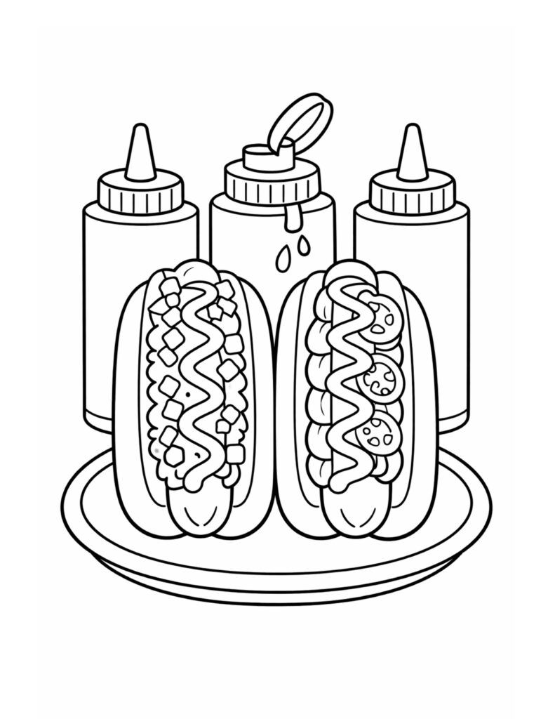 two hot dogs with condiments coloring page showing two topped hot dogs on a plate with condiment bottles behind coloring page
