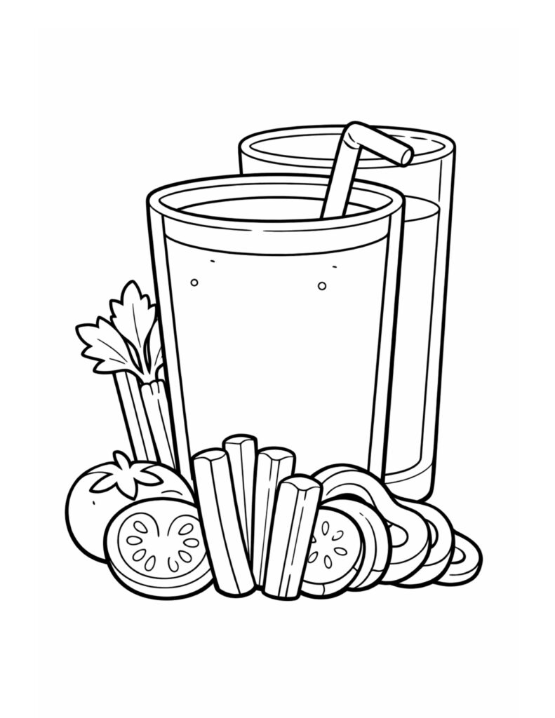 two veggie juice glasses coloring page with two tall drinks, straws, and sliced vegetables coloring page