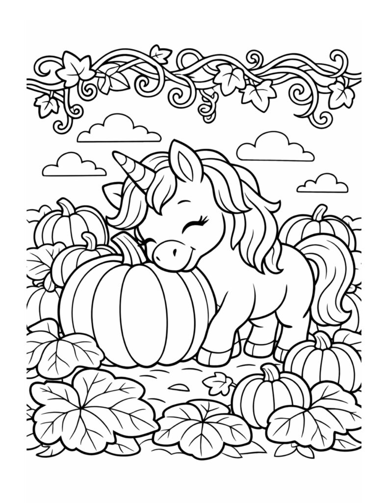 unicorn cuddling a pumpkin coloring page with pumpkins, vines, and falling leaves coloring page