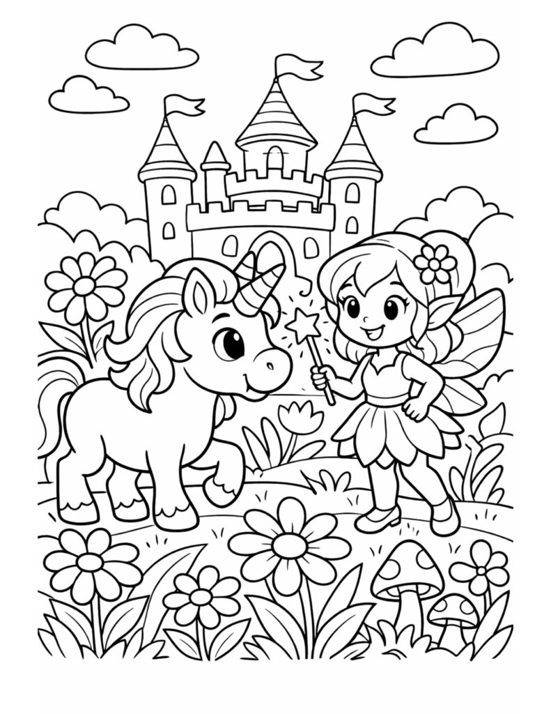 unicorn meeting a fairy coloring page in a castle garden with flowers and a wand coloring page