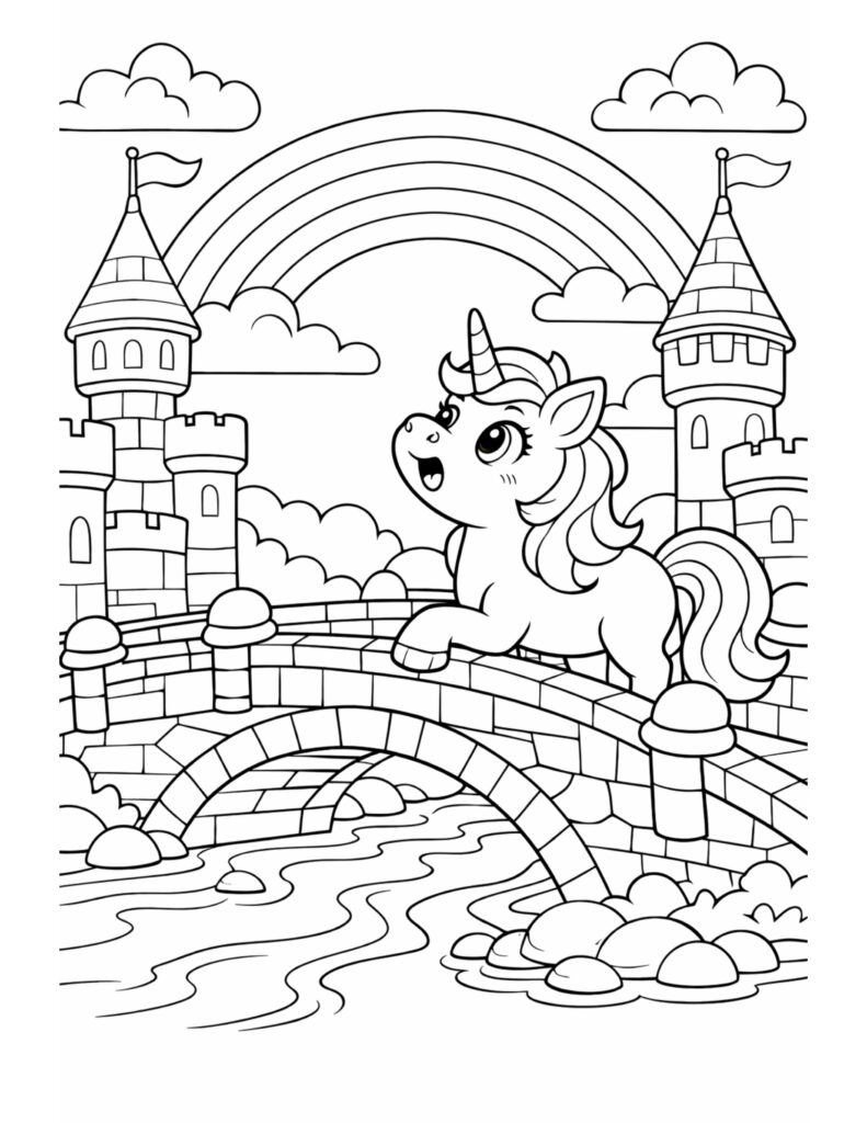 unicorn on a castle bridge coloring page with a rainbow, two castle towers, and a flowing river coloring page