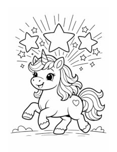 unicorn prancing under shining stars coloring page with big stars, sparkle rays, and flowing mane coloring page