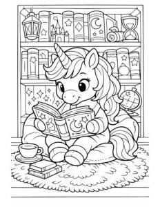 unicorn reading a book coloring page in a cozy library nook with bookshelf details coloring page