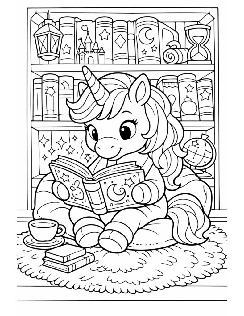 unicorn reading a book coloring page in a cozy library nook with bookshelf details coloring page