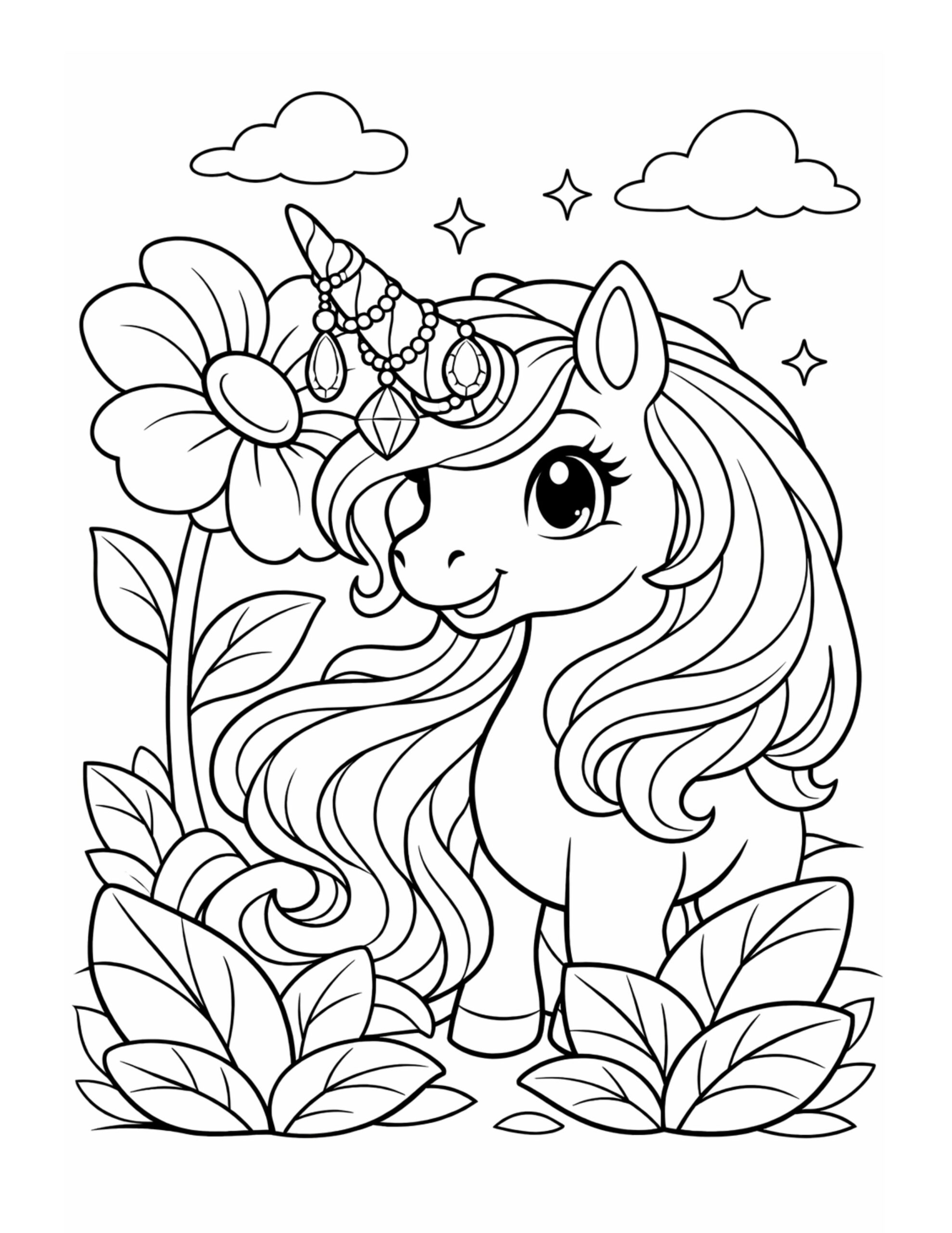 unicorn standing by a flower coloring page with a smiling unicorn and decorative details coloring page