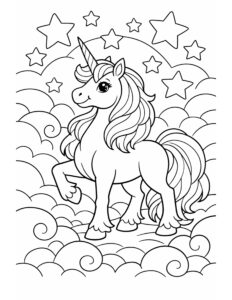 unicorn standing on dreamy clouds coloring page with stars and flowing mane coloring page