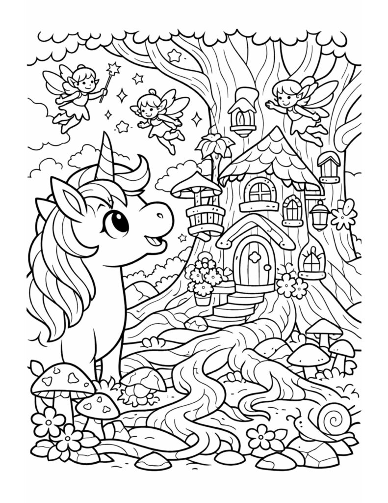 unicorn visiting a fairy treehouse coloring page with flying fairies, mushrooms, and a cozy tree home coloring page