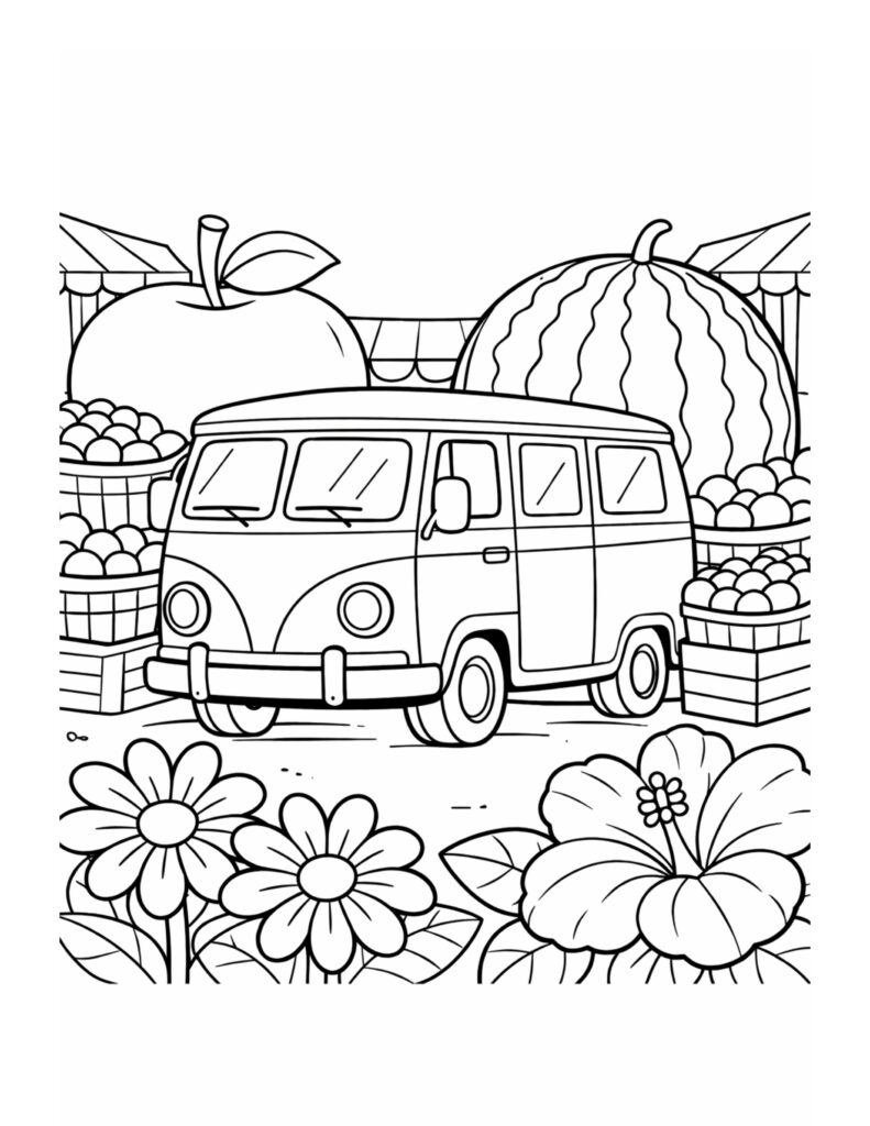 van at fruit market coloring page with a retro van, big apple and watermelon, stacked crates, and flowers coloring page