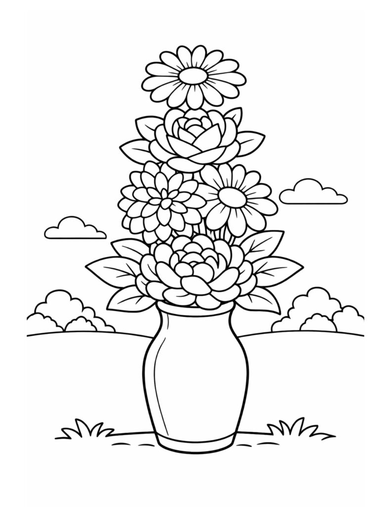 vase of stacked flowers coloring page with tall bouquet in a simple outdoor scene coloring page