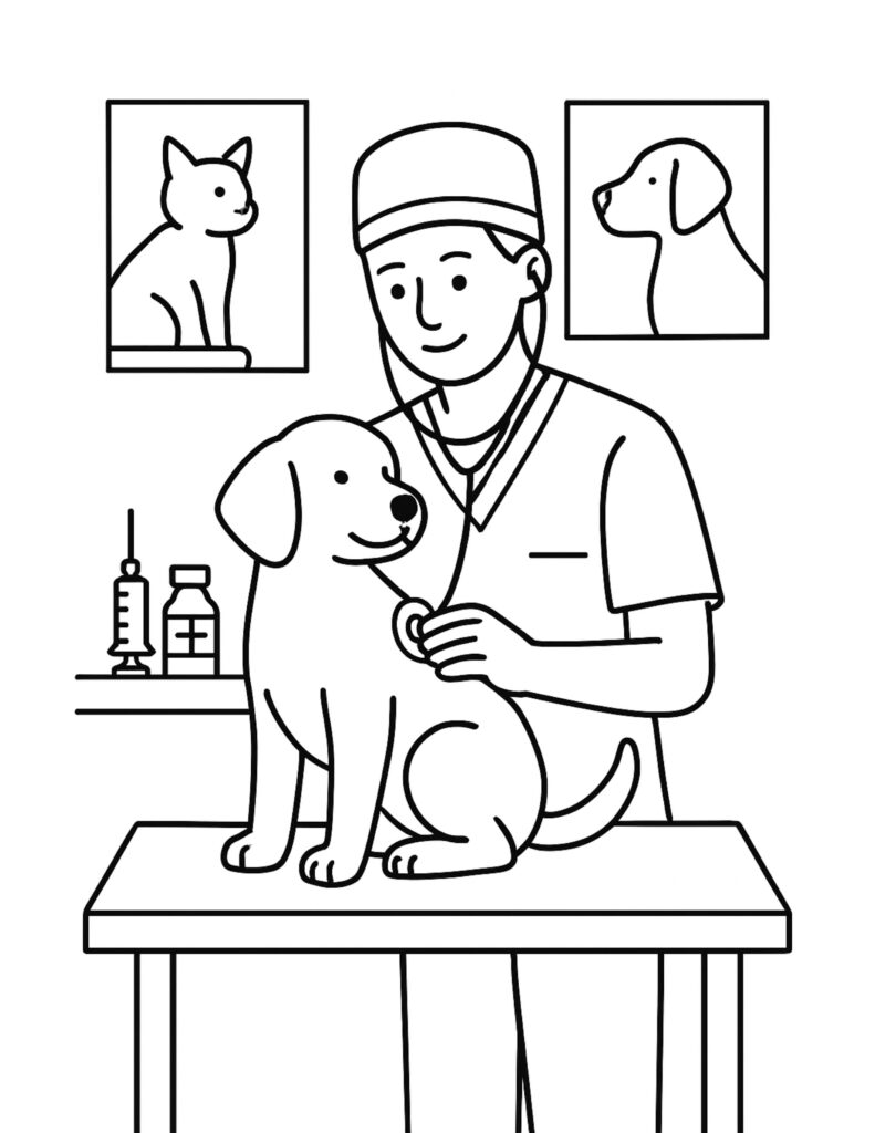 veterinarian checking dog with stethoscope coloring page in a simple clinic scene with framed pet pictures coloring page