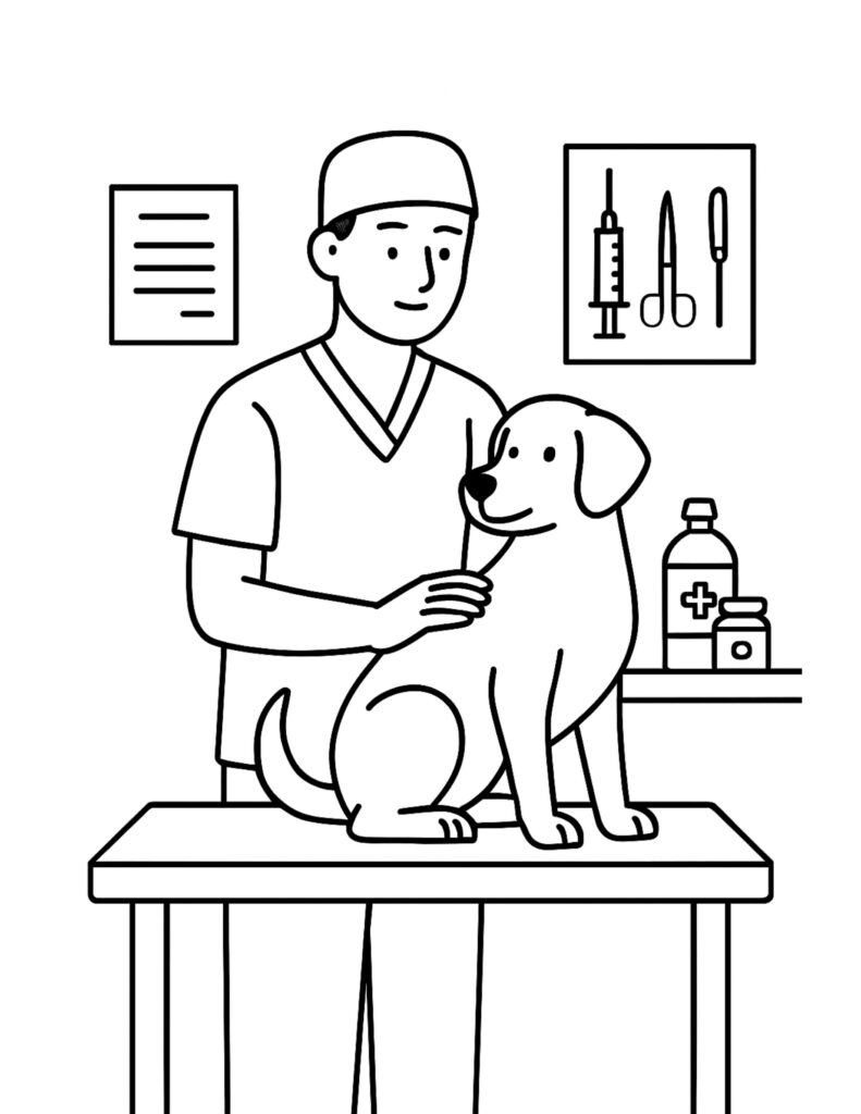 veterinarian examining dog coloring page with a friendly vet checking a dog on an exam table coloring page