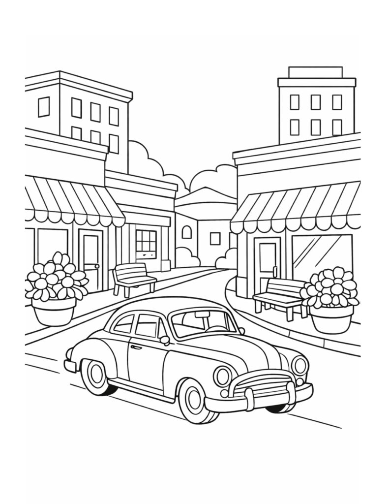 vintage car on shop street coloring page with storefront awnings, benches, and flower pots coloring page