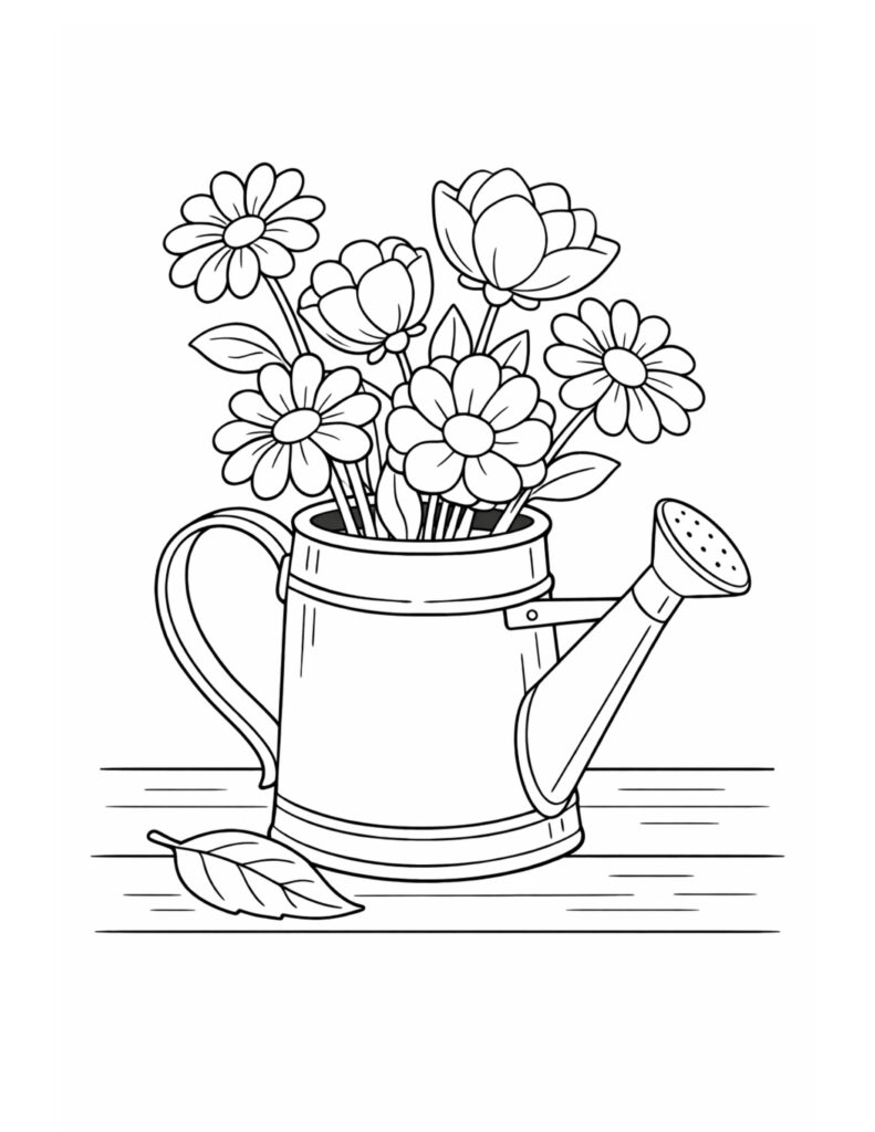 watering can flower bouquet coloring page with a garden can holding blooms on a wooden table coloring page
