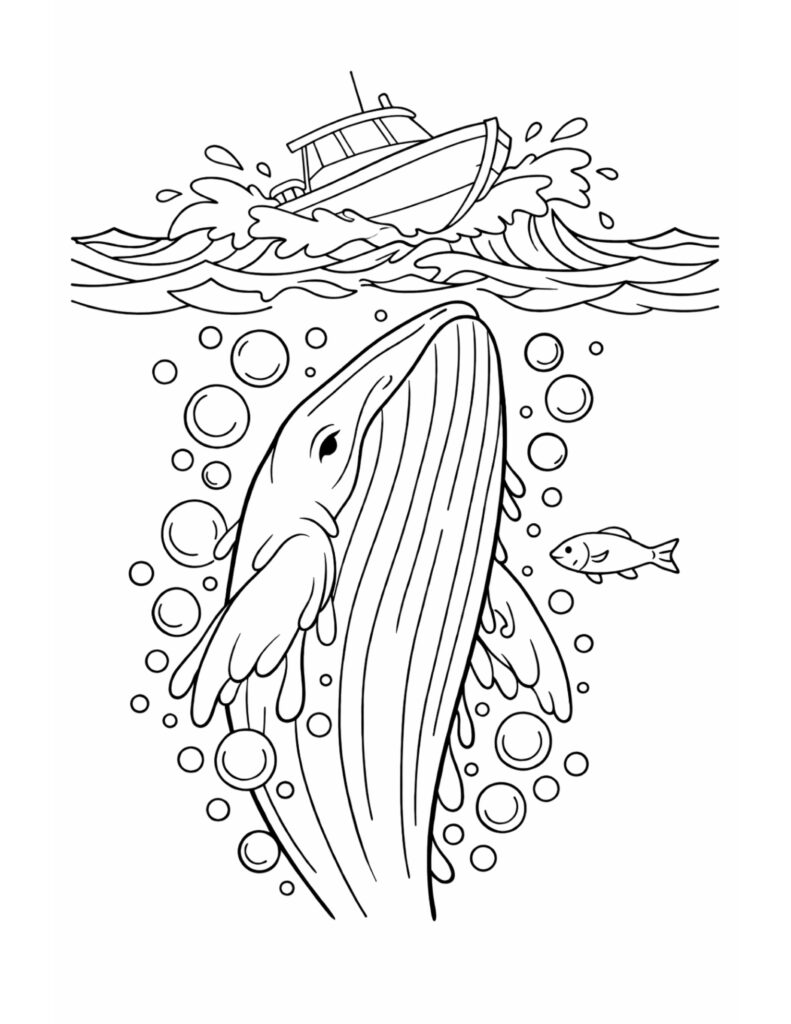whale rising near boat coloring page with a big whale underwater, bubbles, waves, and a boat above coloring page