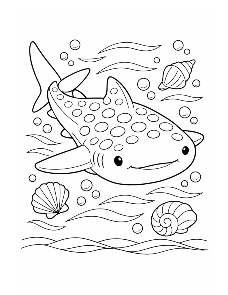 whale shark swimming with bubbles coloring page showing a cute spotted whale shark, seashells, and flowing water lines coloring page