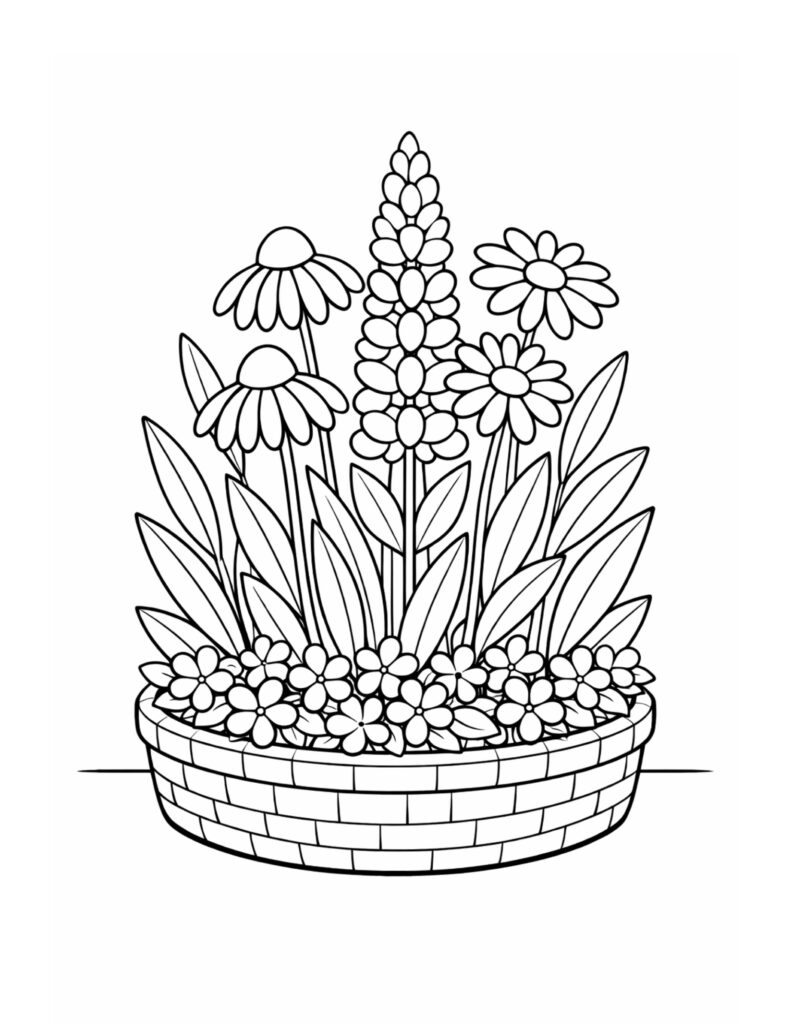 wildflower basket planter arrangement coloring page featuring daisies, leafy stems, and a woven planter coloring page