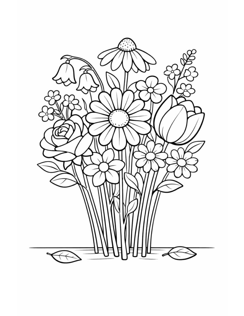 wildflower bouquet with mixed blooms coloring page with daisies, a tulip, a rose, bell flowers, and loose leaves coloring page