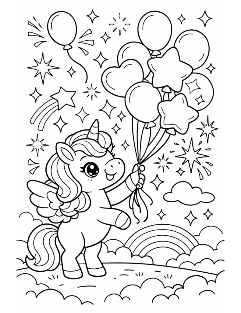 winged unicorn holding balloons coloring page with star and heart balloons, sparkles, and a rainbow coloring page