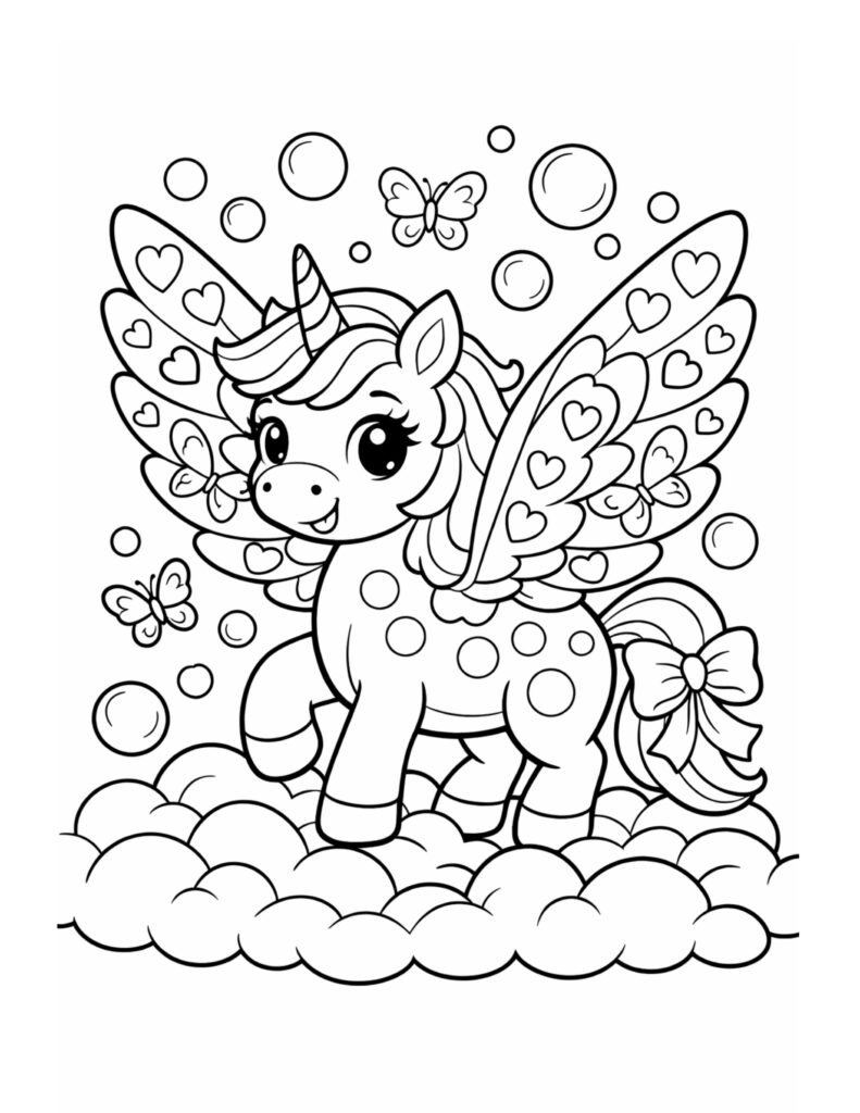 winged unicorn on clouds coloring page with heart patterned wings, butterflies, and floating bubbles, printable coloring page