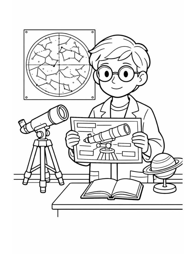 young astronomer holding telescope chart coloring page with star map, tripod telescope, and planet model coloring page