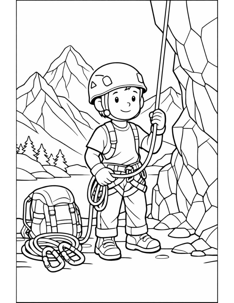 young climber holding rope coloring page with helmet, harness, backpack, and mountain cliffs coloring page