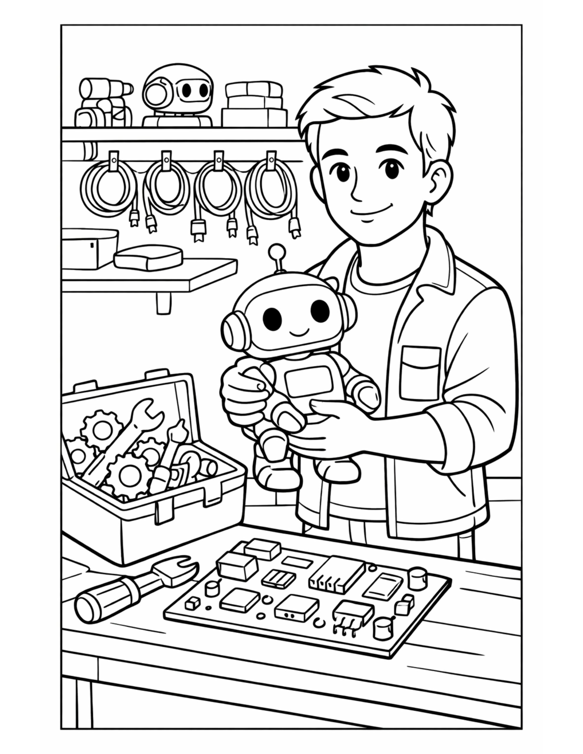 young engineer repairing robot coloring page showing a boy holding a robot in a workshop coloring page